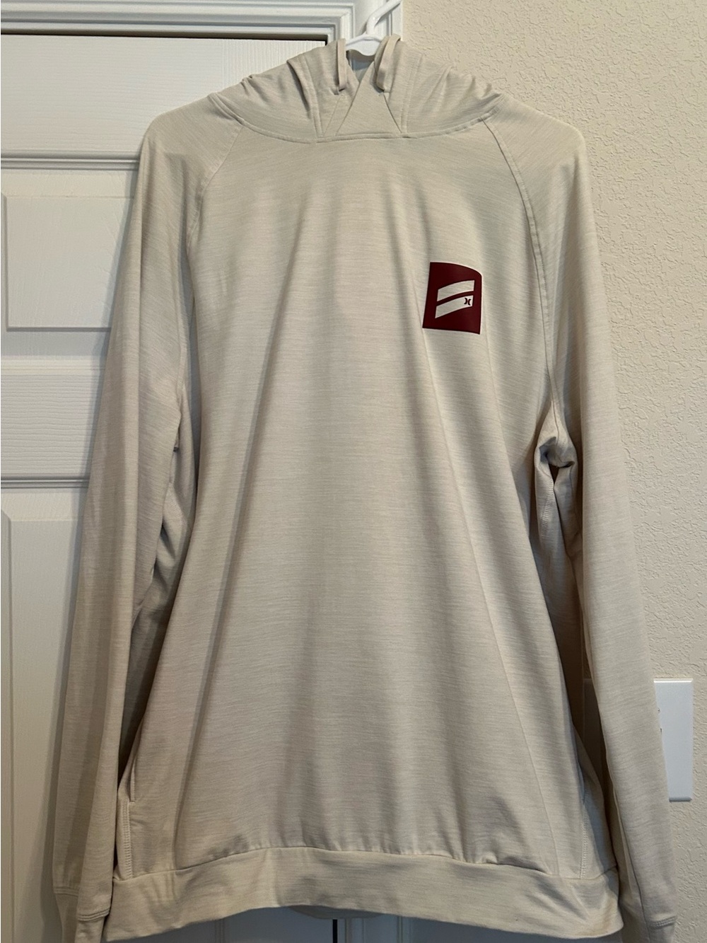 Hurley Lightweight Hooded Long-Sleeve Shirt in Beige with Maroon Logo